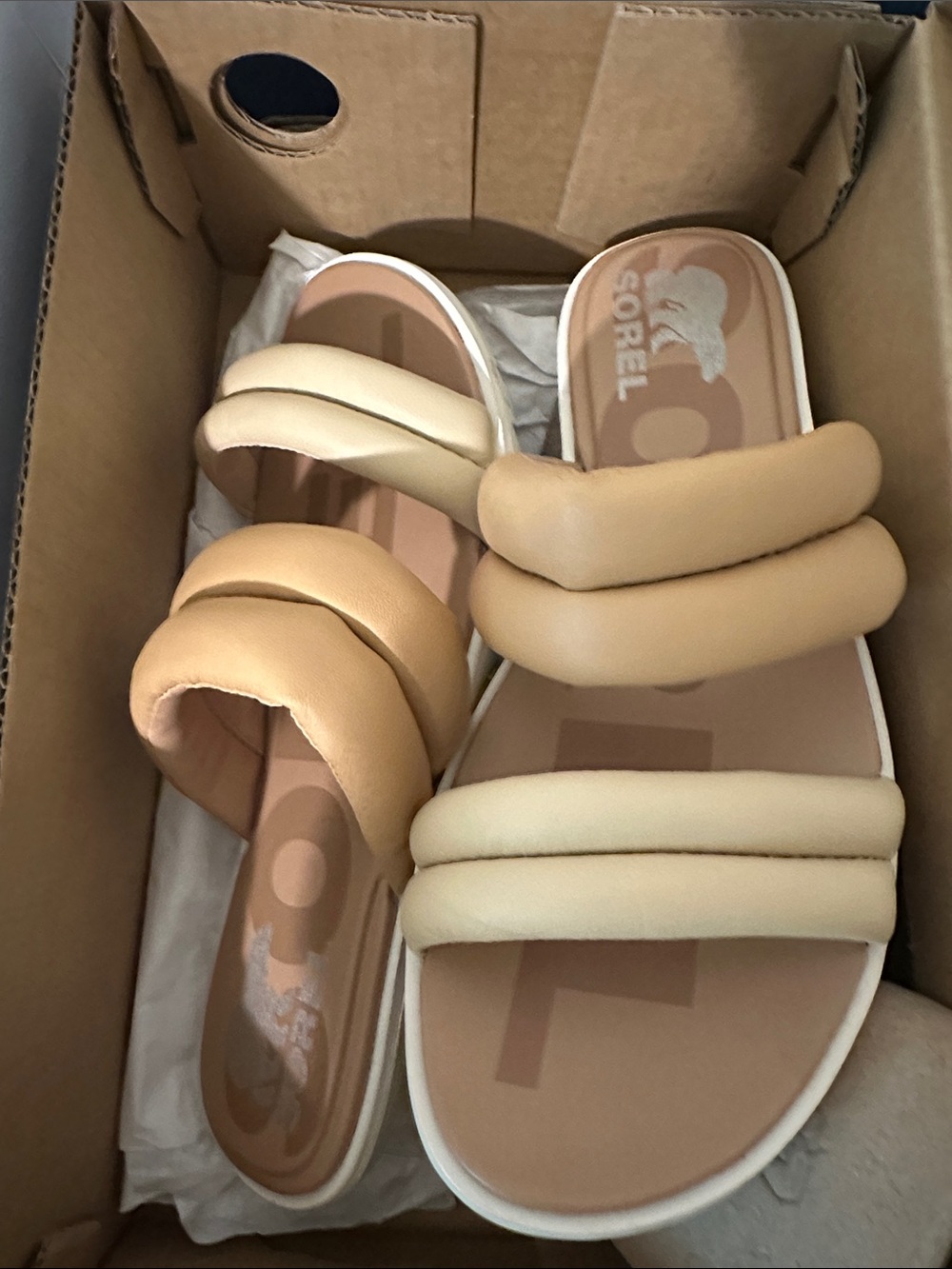 Sorel Two-Tone Padded Slide Sandals in Beige and Cream